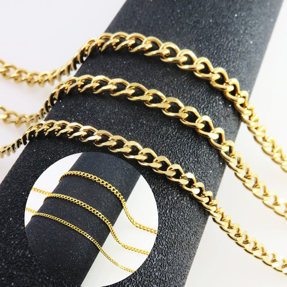 Woman Man 2-9mm Stainless Steel Gold Plated Curb Cuban Chain Necklace Link