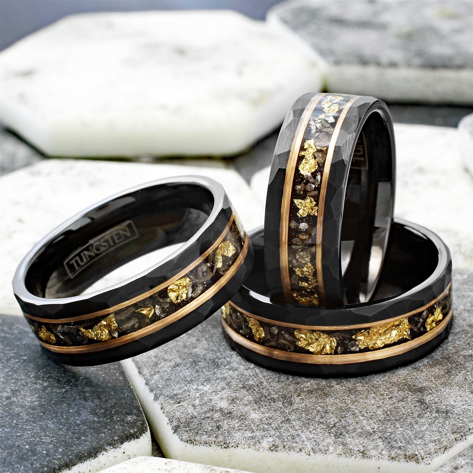 Tungsten Carbide Black Rose Gold Plated Stripe 24K Gold Foil & Meteorite Ring