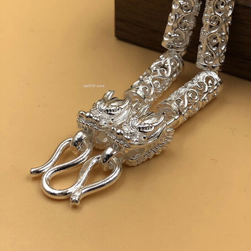 Pure 999 Fine Silver Chain 6mm Dragon Head Propitious Cloud Tube Beaded Necklace
