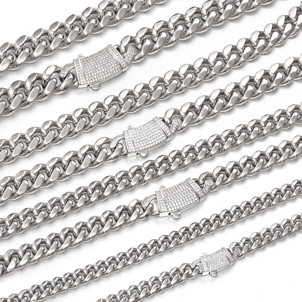 8/10/12/14mm Women Men’s Stainless Steel Cuban Link Chain Necklace Bling Lock