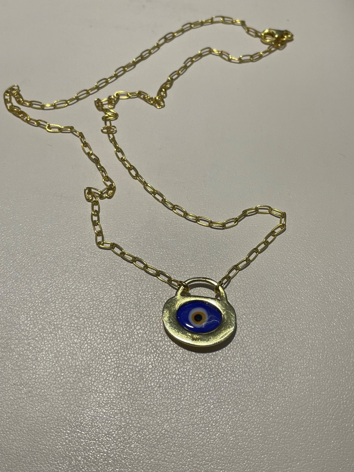 18k Yellow Gold Blue Evil Eye GREEK PADLOCK PAPERCLIP LINK 18″ CHAIN NEW