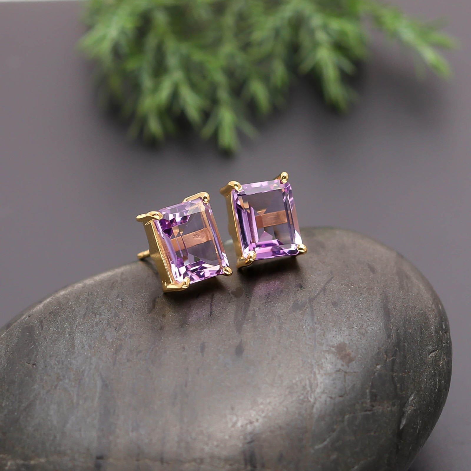 Natural Pink Amethyst Octagon Stud Earring Gold Fill Solid Silver Unique Jewelry
