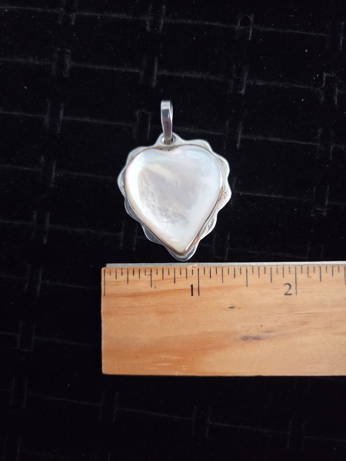 Vintage Alpaca Silver Heart Pendant Beautiful Soft White MOP Pearl Shell 1.75″