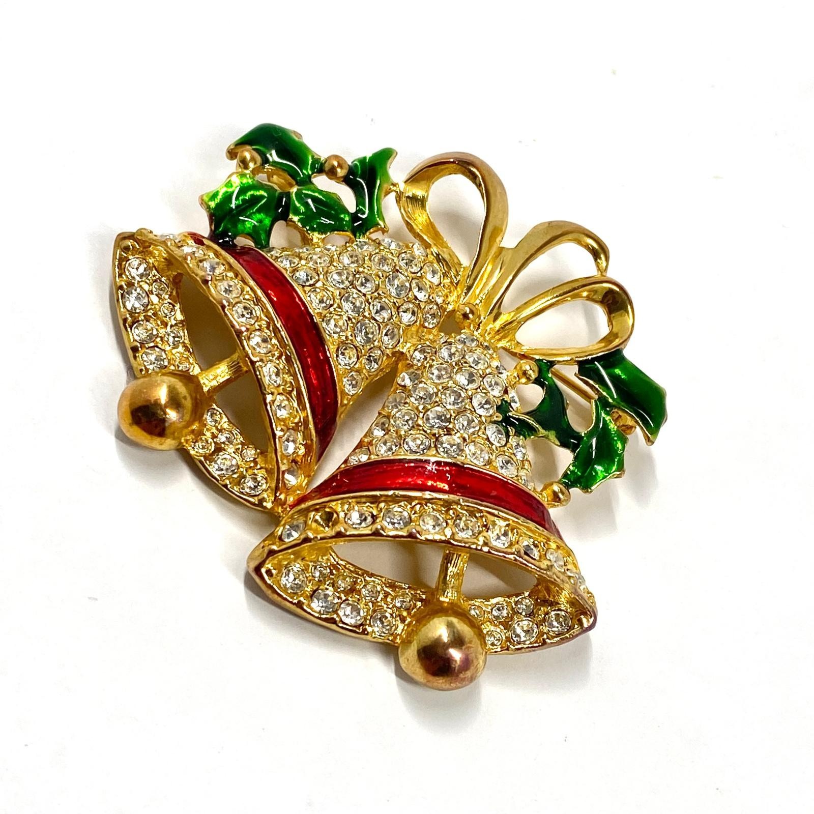 Vintage Christmas Bells Enamel & Rhinestone Gold Tone Holly Brooch Holiday Gift