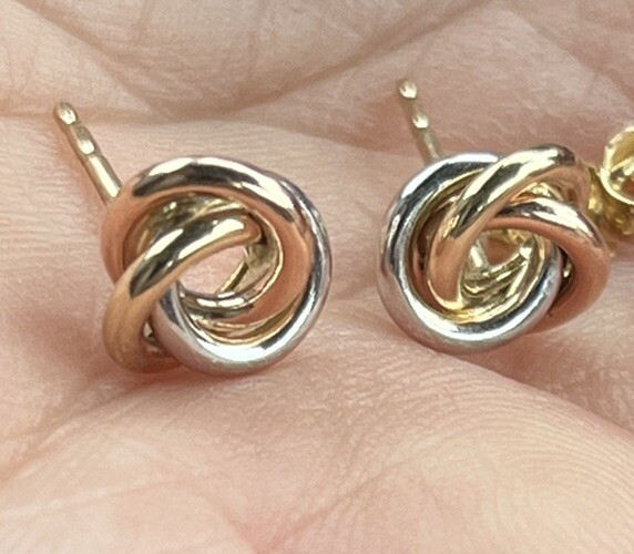 Italian Pure Solid 14k Tri-Color Gold Triple Eternity Love Knot Stud Earrings