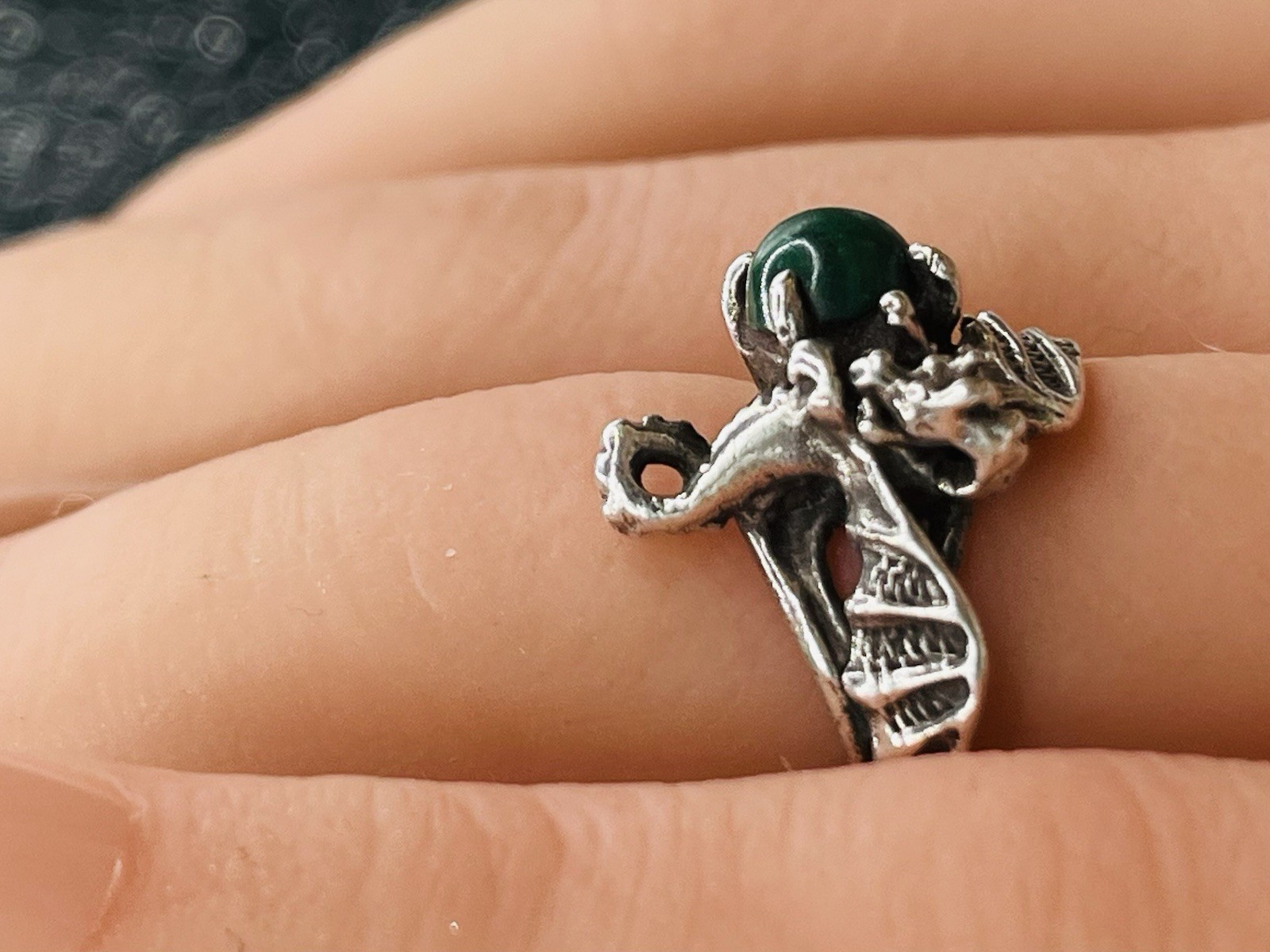 Sterling Silver 3-D Dragon Malachite In Talons Ring Fantasy Gothic Size 5.5