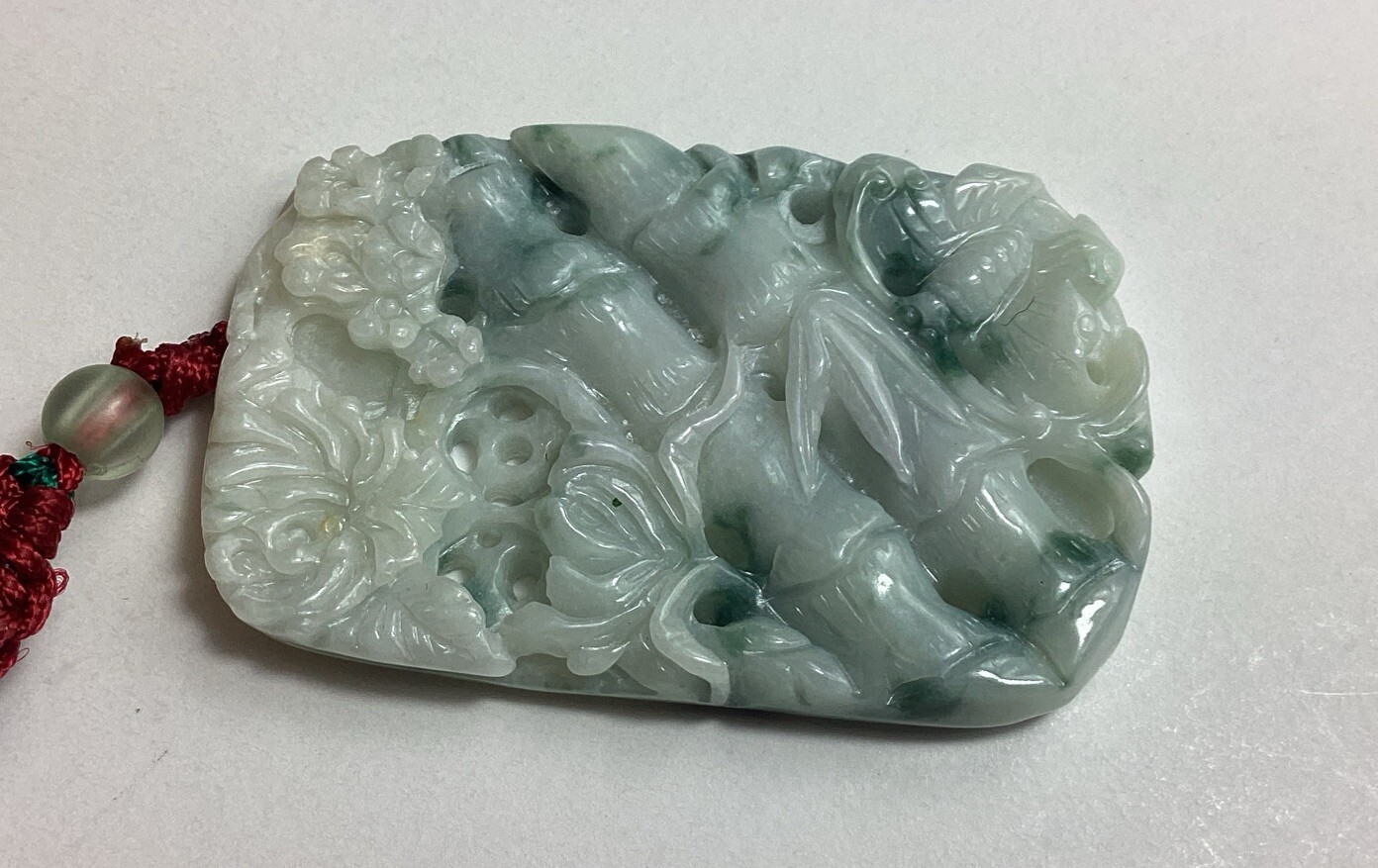Light Tan & Green 1 Sided Jadeite Bamboo & Butterfly Translucent Pendant