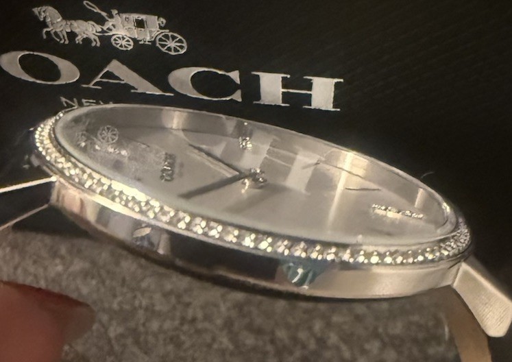 COACH Audrey Silver 36mm White Dial w/Crystals & Black Band Quartz Lady’s Watch