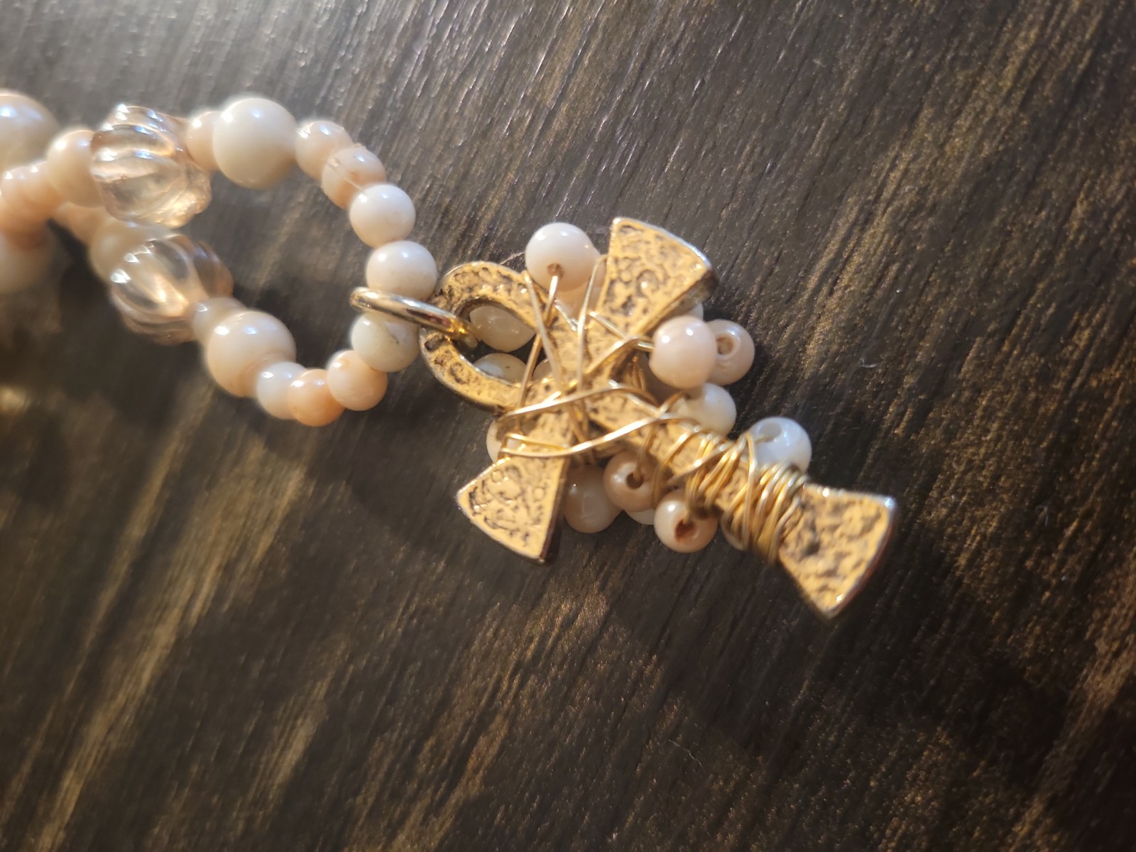 Vintage Cream & Champagne Beaded Necklace with Gold-Tone Cross Pendant