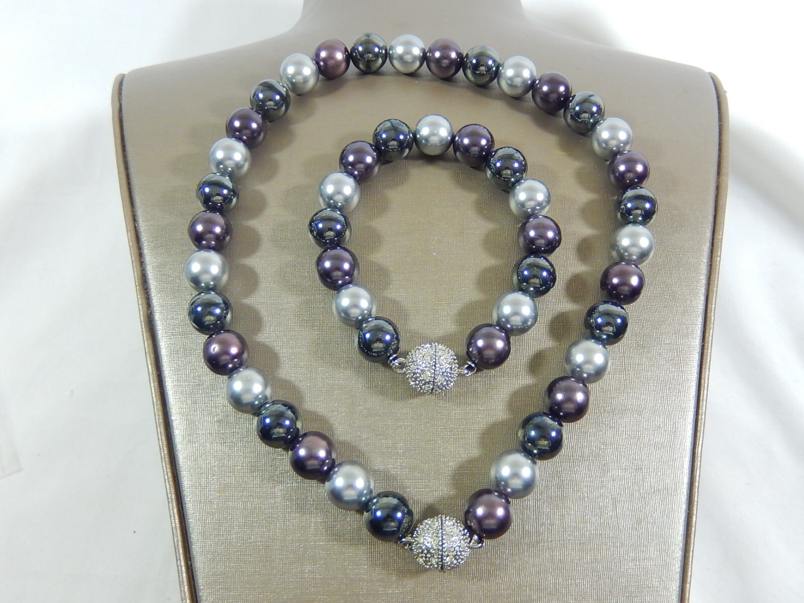 VTG CHUNKY 12mm MULTI COLOR GLASS PEARL CRYSTAL CLASP NECKLACE & BRACELET SET