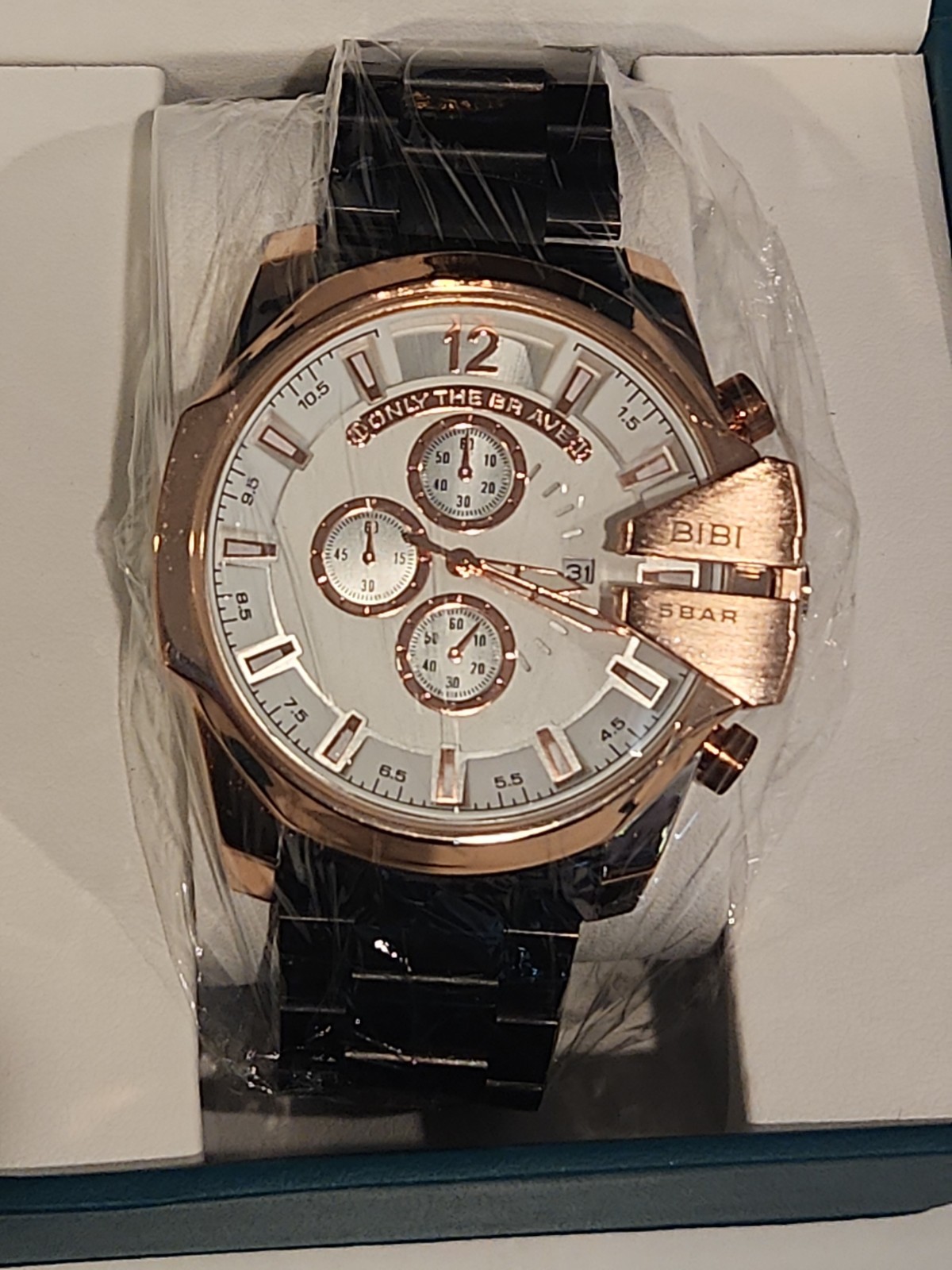 Bibi Luxury Watch Rose Gold Bezel White Dial Black Metal Bracelet 50mm