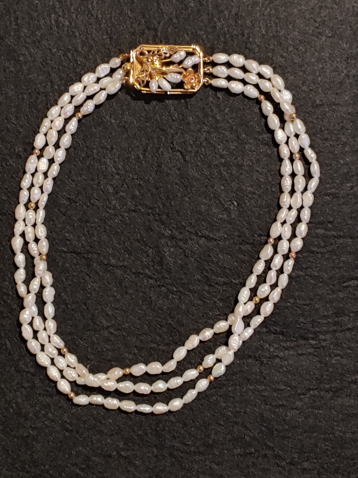 Necklace – 3 strand – Rice Pearl – Gold Filled bead – Gold tone clasp – 16 in Lg