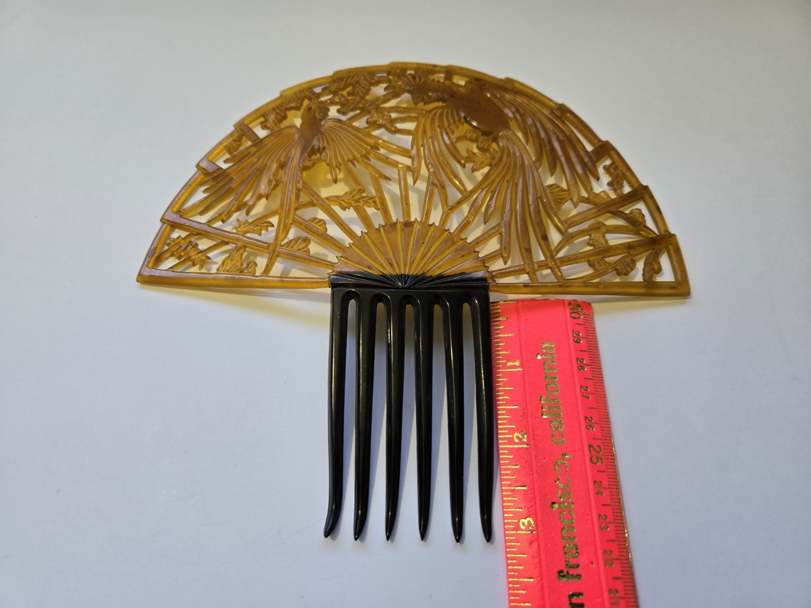 Vtg Large Art Nouveau Hair Comb Honey Amber Celluloid Figural Parrots Curved 8″