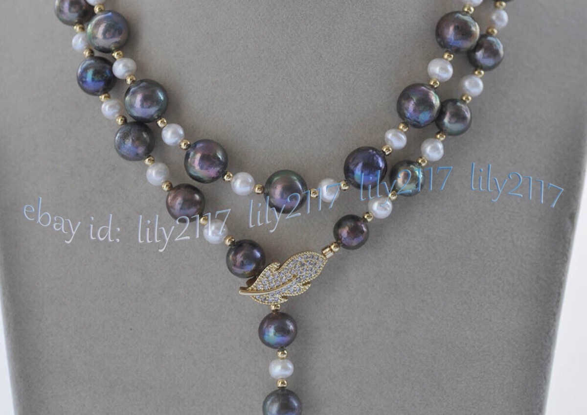 6-7mm White 11-12mm Black Natural Freshwater Pearl Beads Necklace Leaves Clasp