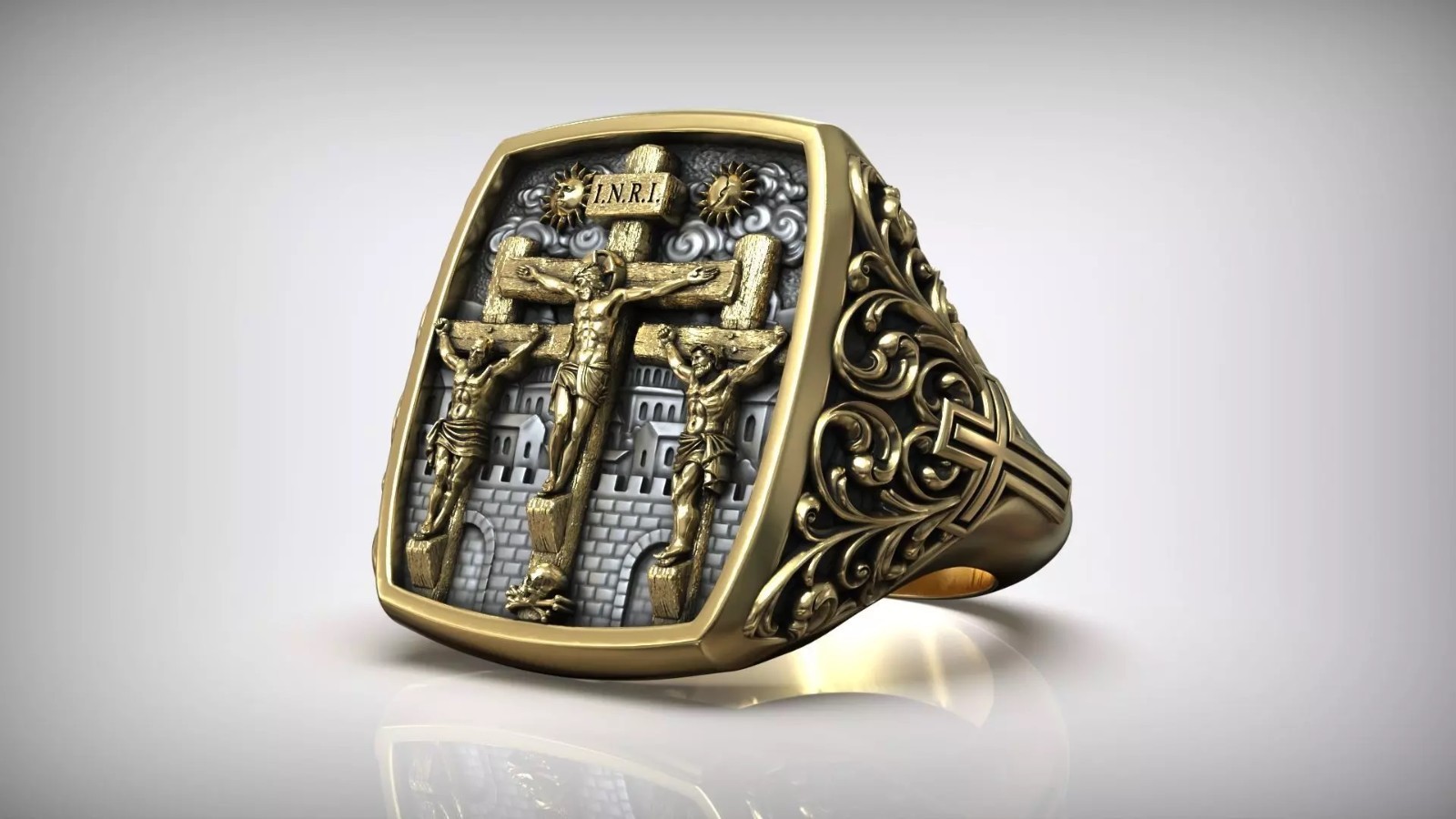 Jesus Christ & The Two Thieves Crucifixion Christian 925 Silver Statement Rings