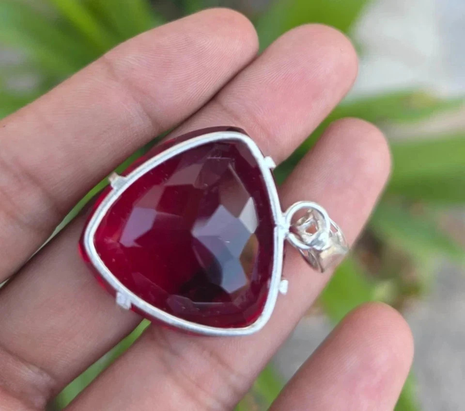 Natural Red Ruby 35 Ct Trillion Loose Gemstone 925Solid Silver Certified Pendant
