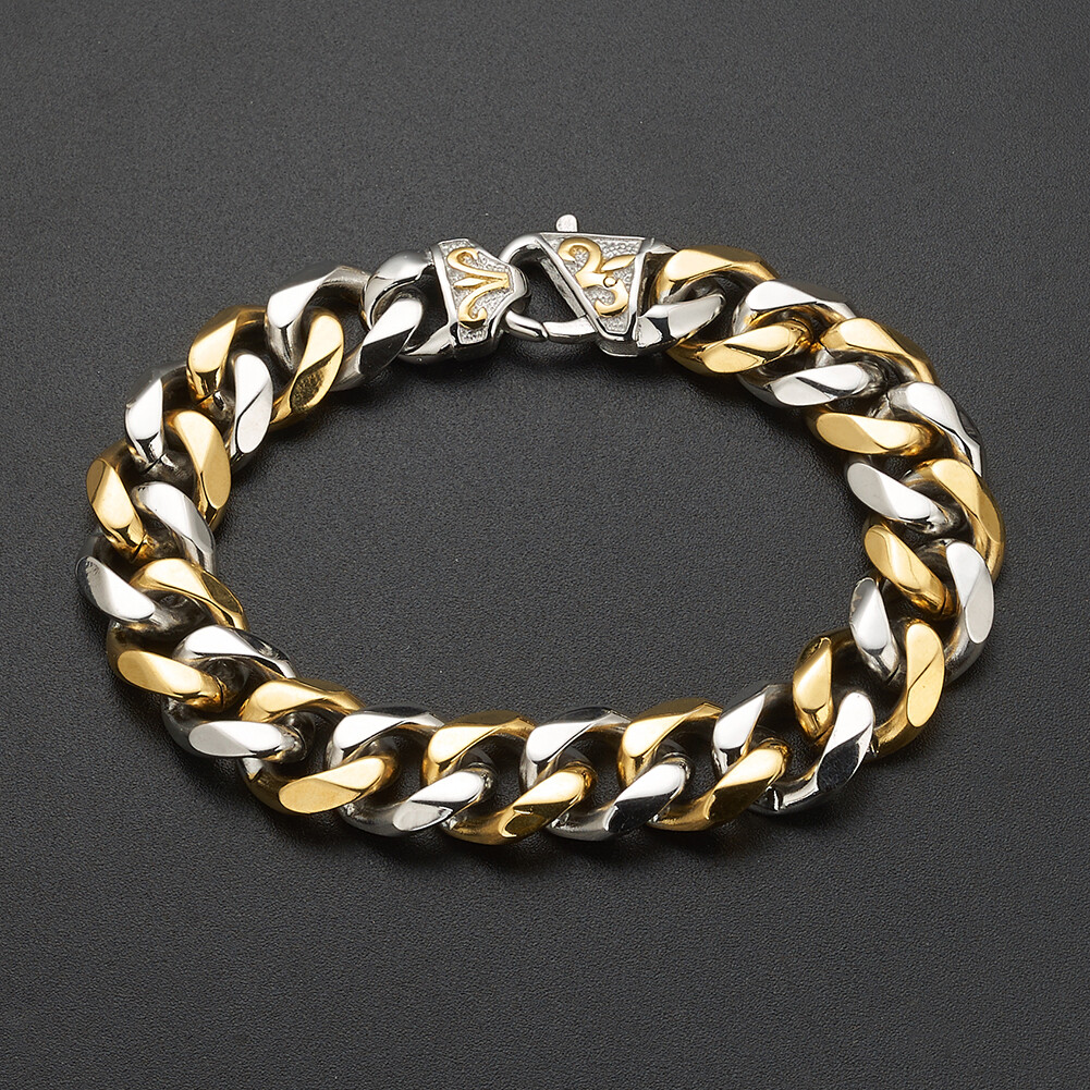 15mm Silver Gold Black Stainless Steel Curb Cuban Link Chain Bracelet for Men