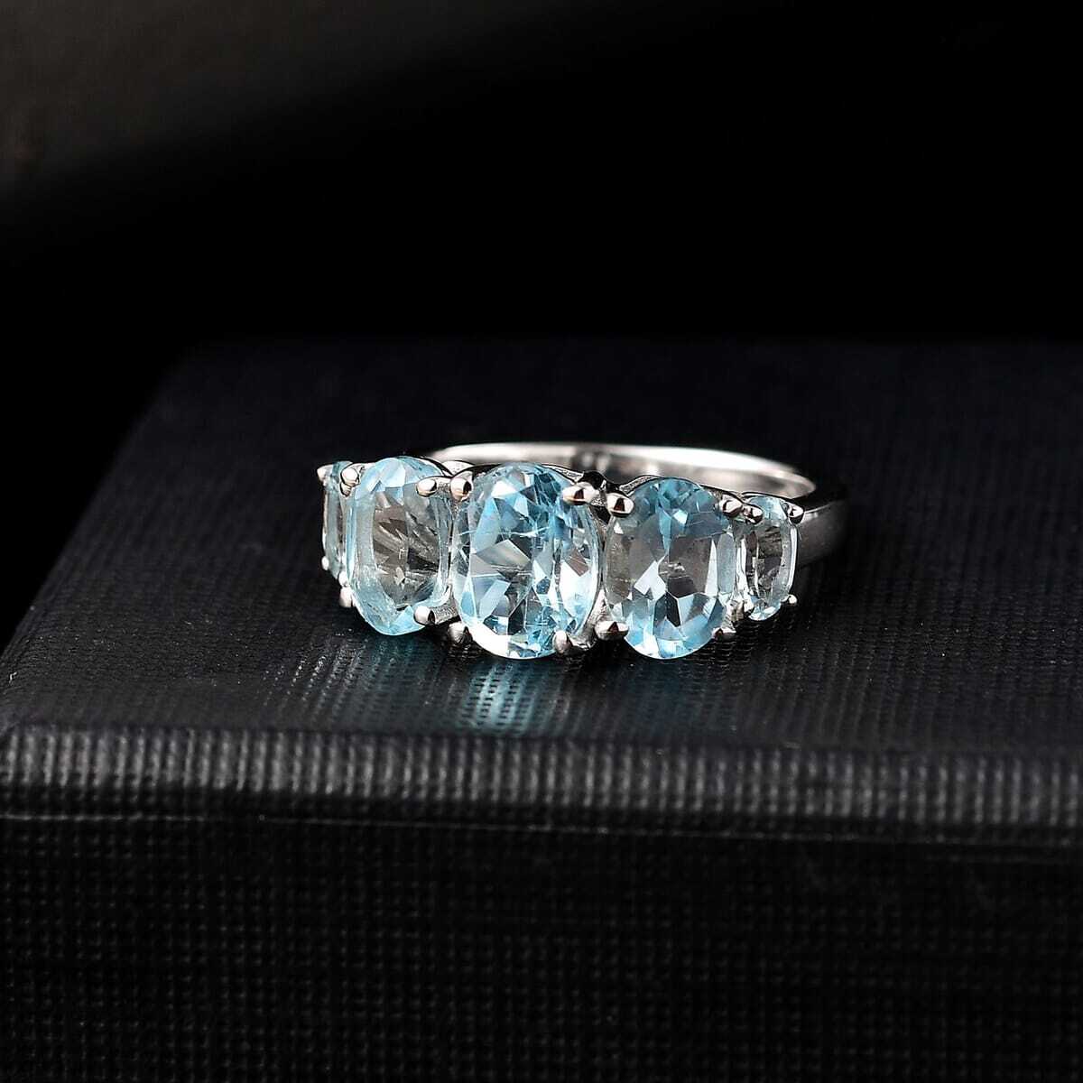 3.85ctw Sky Blue Topaz 5 Stone Ring Platinum Plated Sterling Silver Size 7