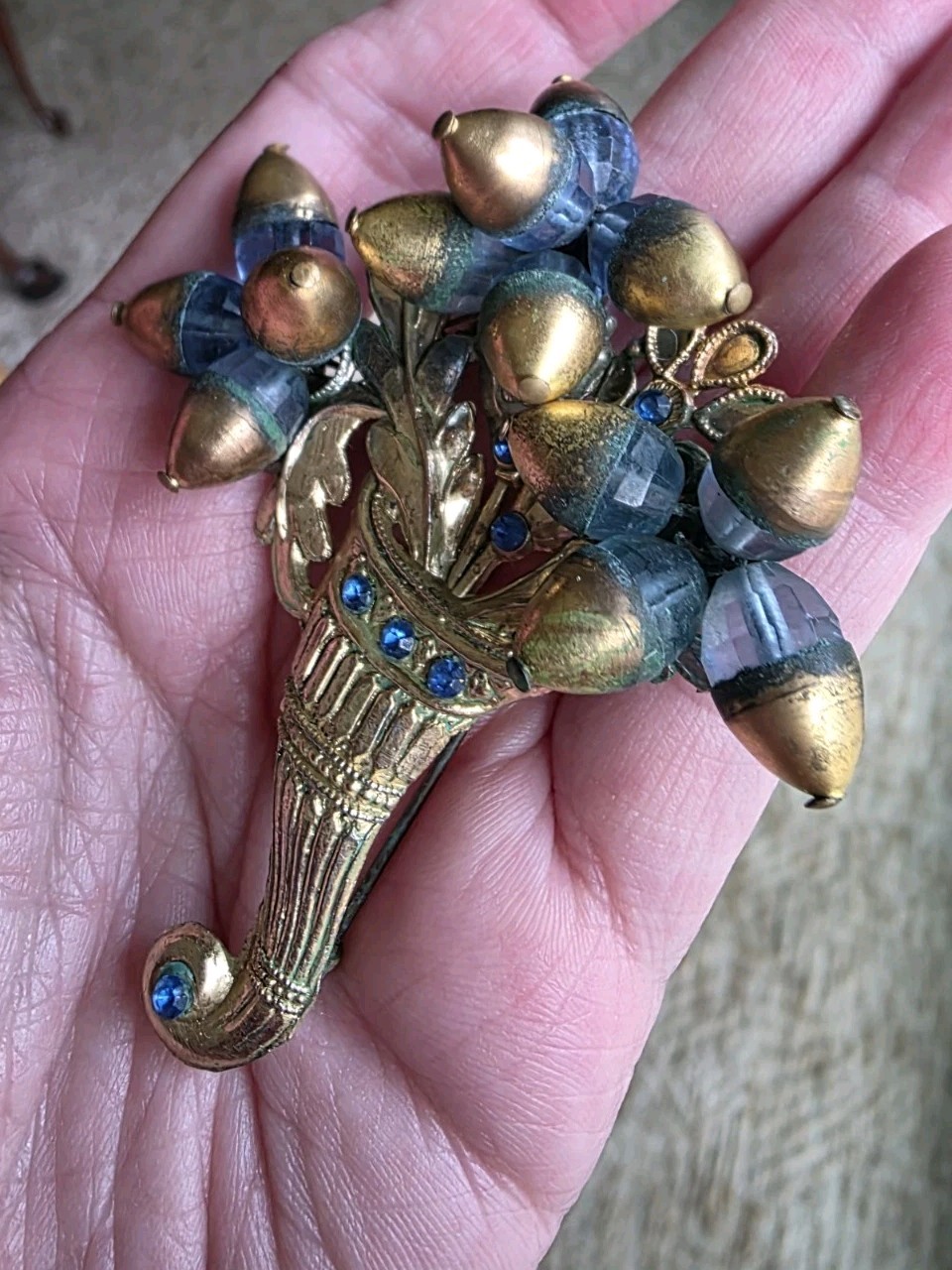Vintage Metal And Glass Dangly Cornucopia Brooch