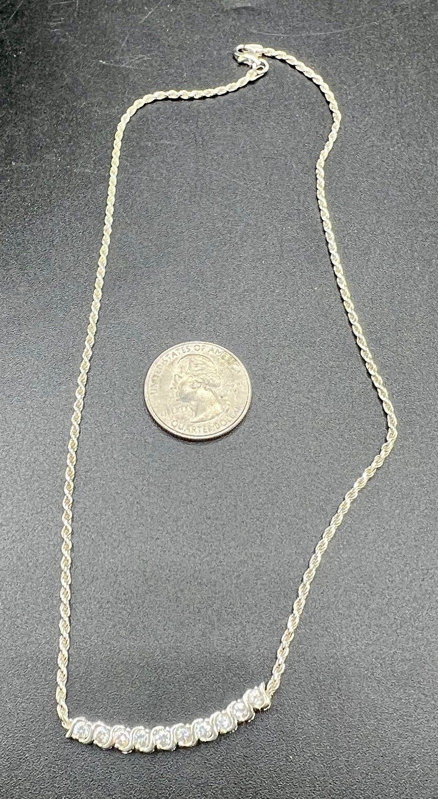 17″ SU Signed 925 Sterling Silver CZ Curved Bar Rope Chain Necklace 7.68g