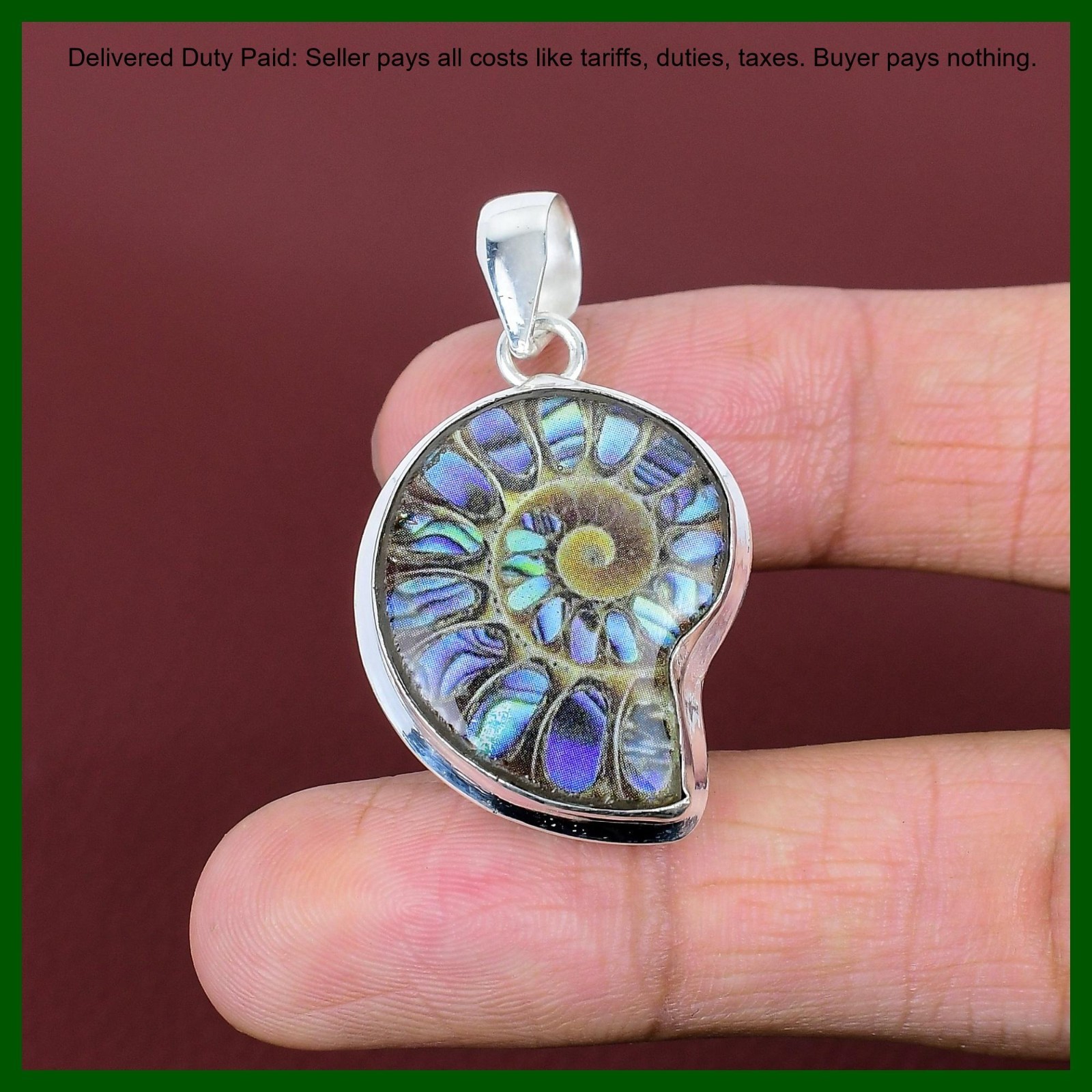 925 Silver Abalone Shell In Ammonite Doublet Opal Gemstone Bezel Pendant Jewelry
