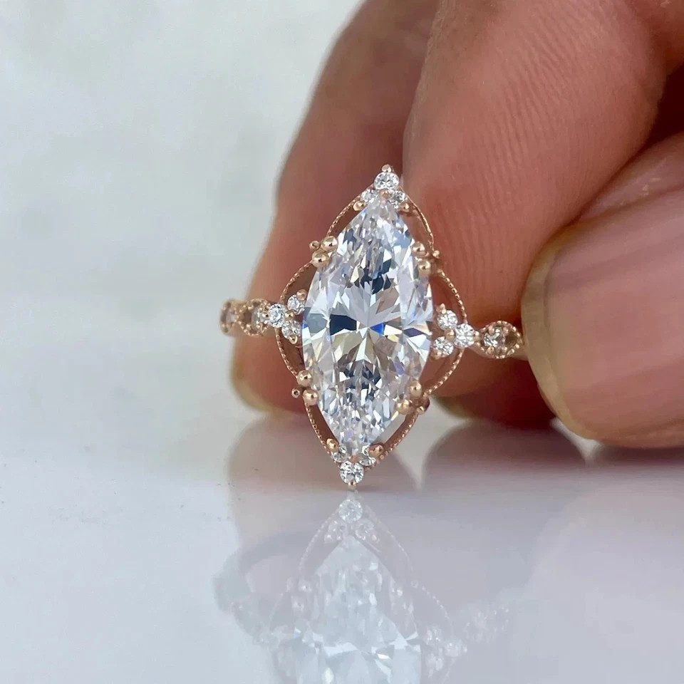 Diamond Ring Lab Grown Marquise Cut 14k Rose Gold 2.75 Ct IGI Certified VVS E F