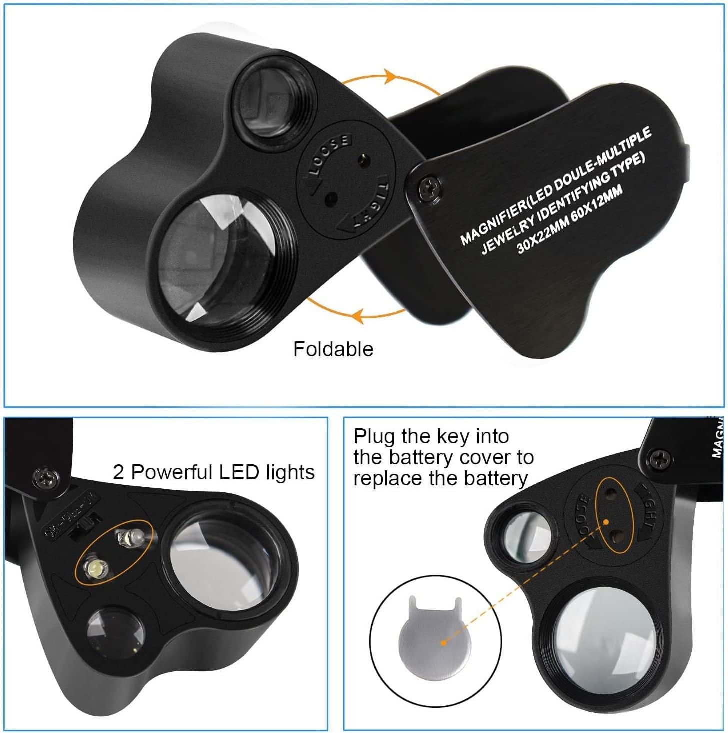 Jewelers Loupe, 2 Pack Magnifying Glass with Light, 30X 60X 90X Black