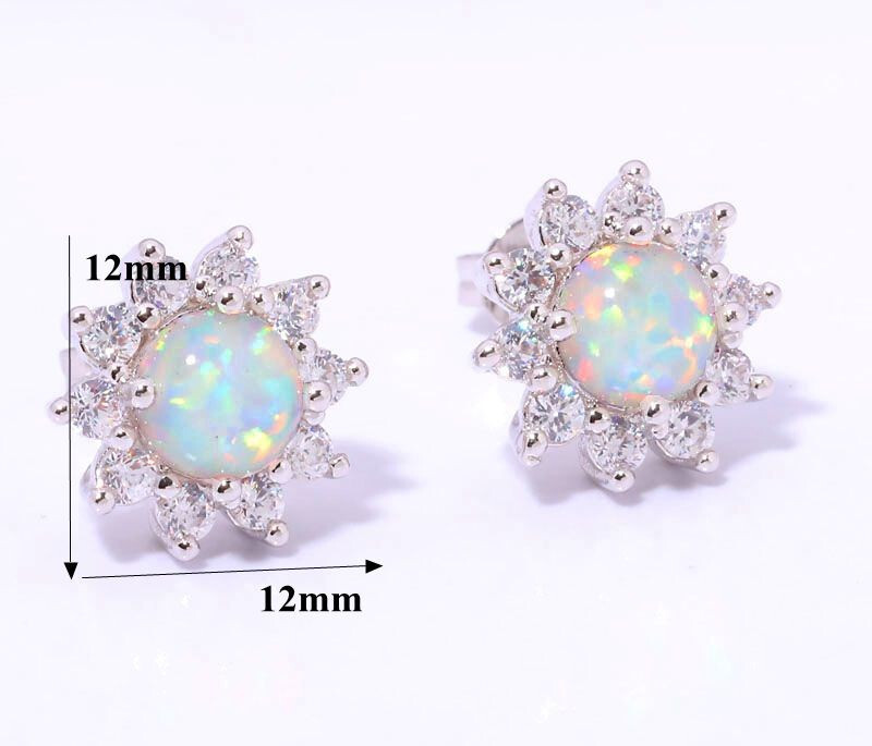 NEW Delicate Silver Stud Earrings, White Fire Opal and Cubic Zirconia
