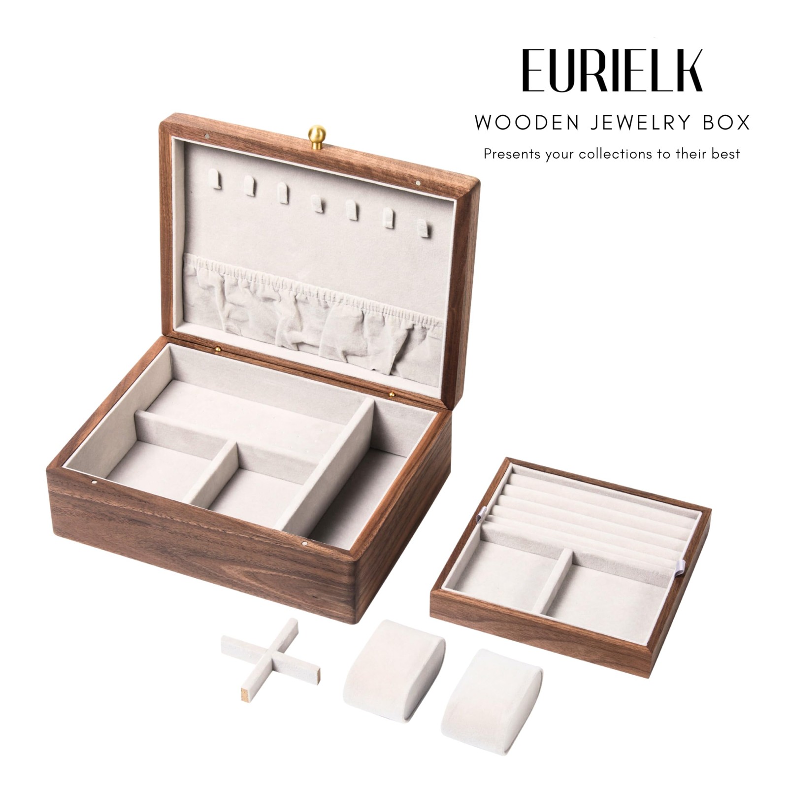 EURIELK Wooden Jewelry Box, Two Layer Medium Size Real Natural Solid Walnut Wood