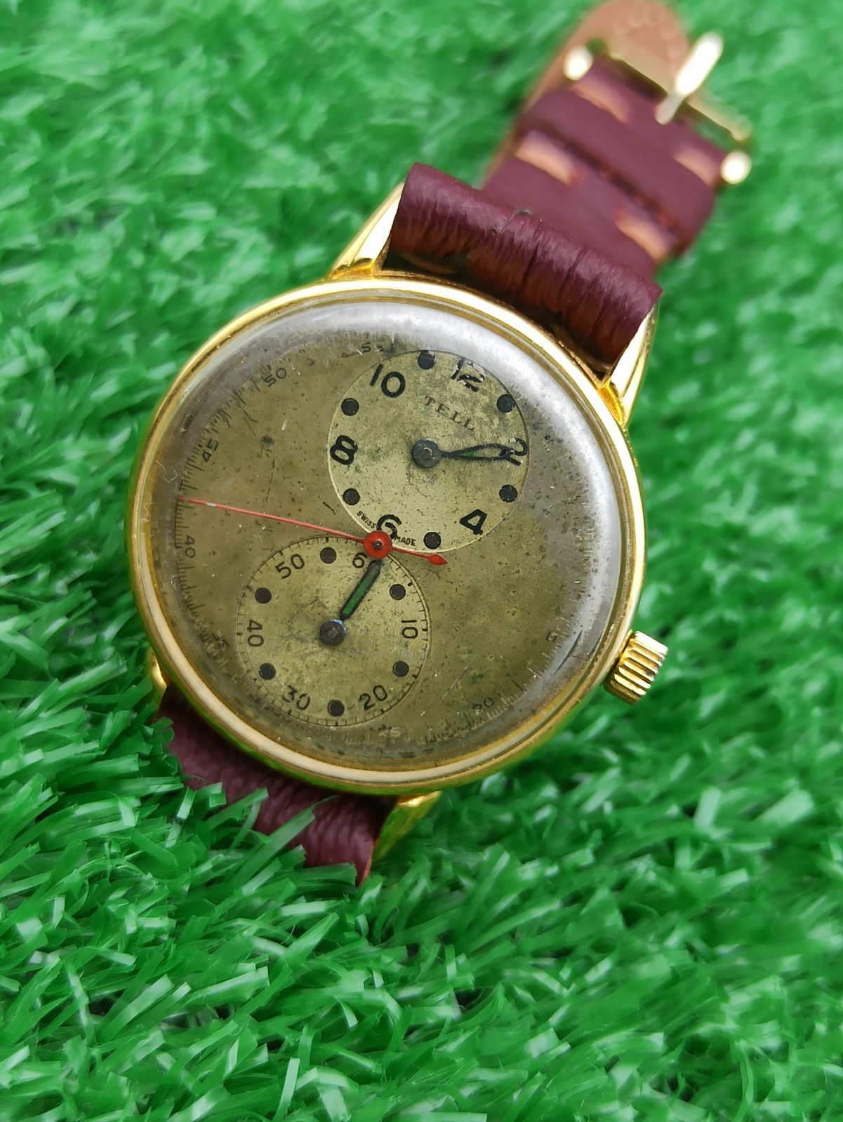 Vintage TELL Swiss Doctors Watch Duo Dial Manual Wind 1940s Gold Plated RUNNING