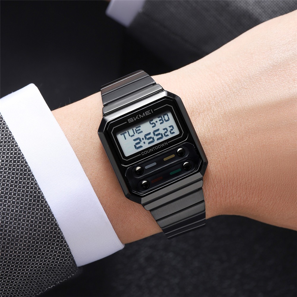 SKMEI Men Watch Rectangle Dial Steel Wristwatch Fashion Male Sport LED Watch