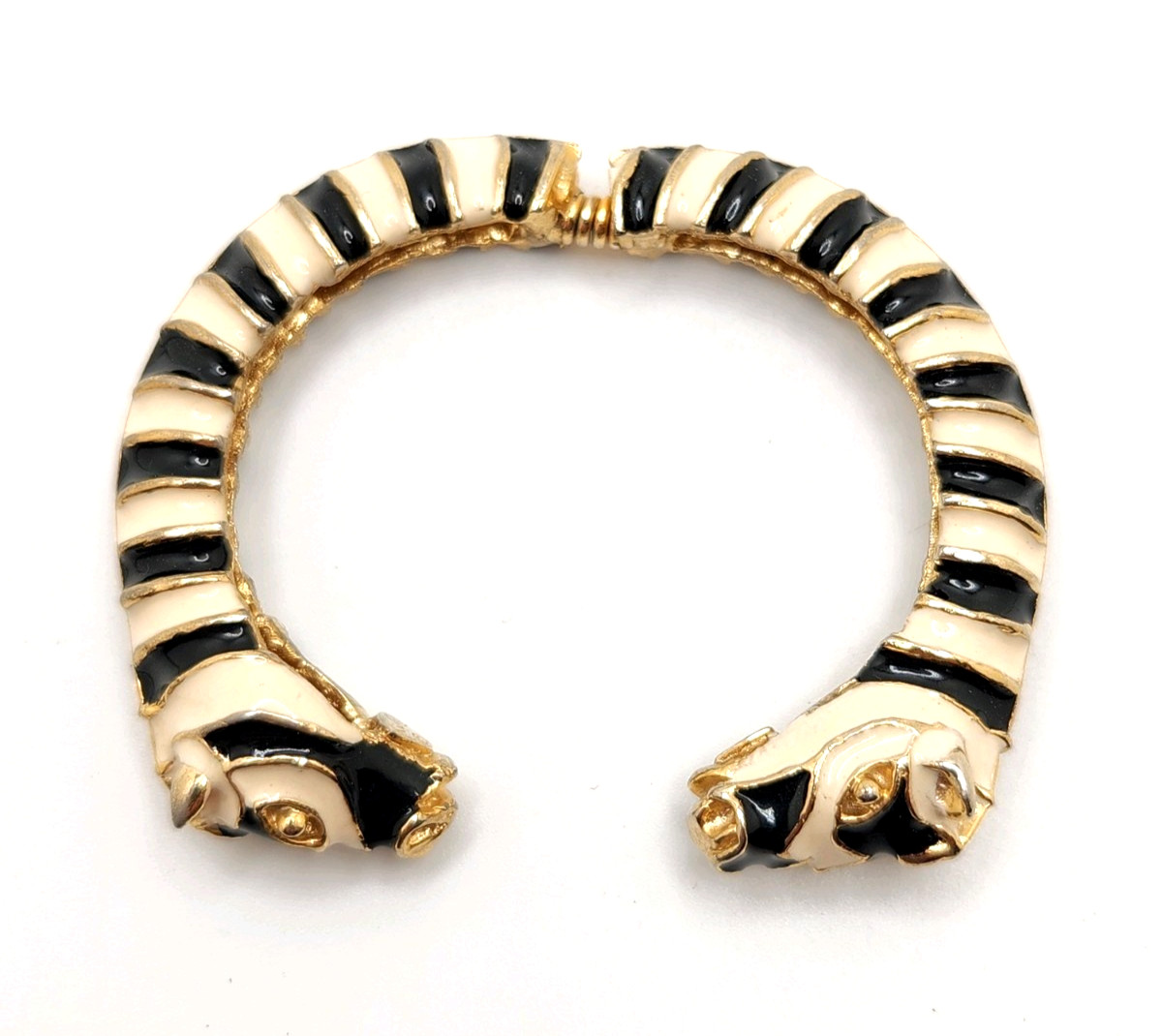 Kenneth Jay Lane Black & Cream Double Zebra Head Enamel Hinged Cuff Bracelet, 6″