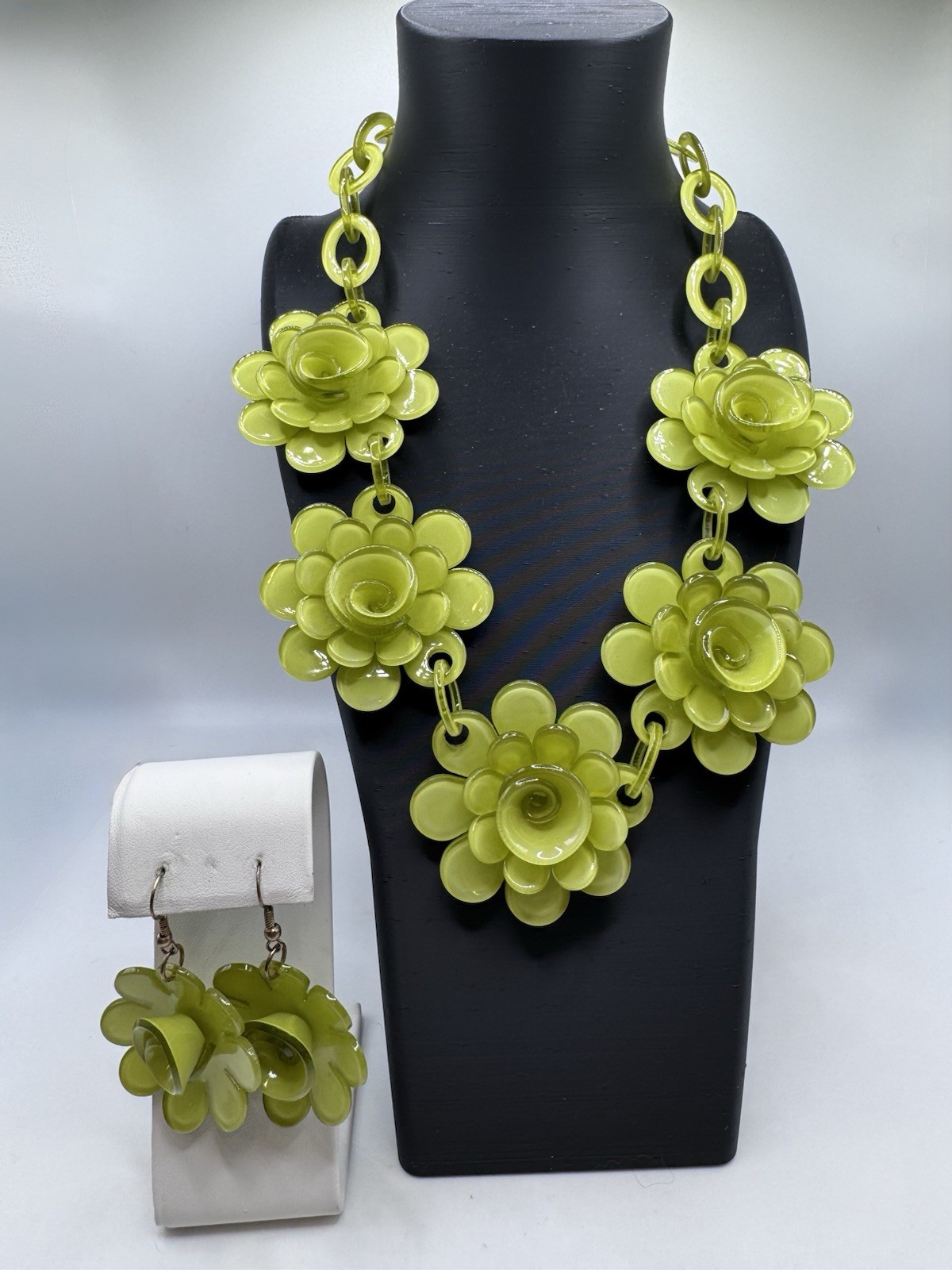 Lime Green Floral Statement Necklace Earrings Set Chunky Flower Artsy Funky Fun