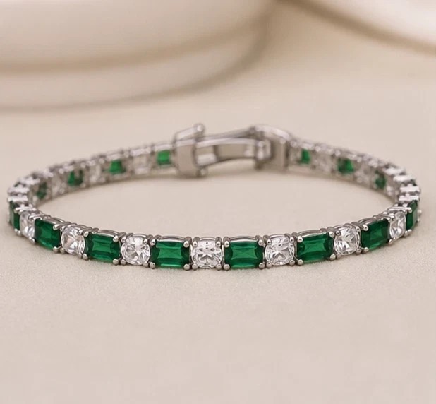 12Ct Emerald Cut Lab Created Diamond Men’s Tennis Bracelet 14K White Gold Plated