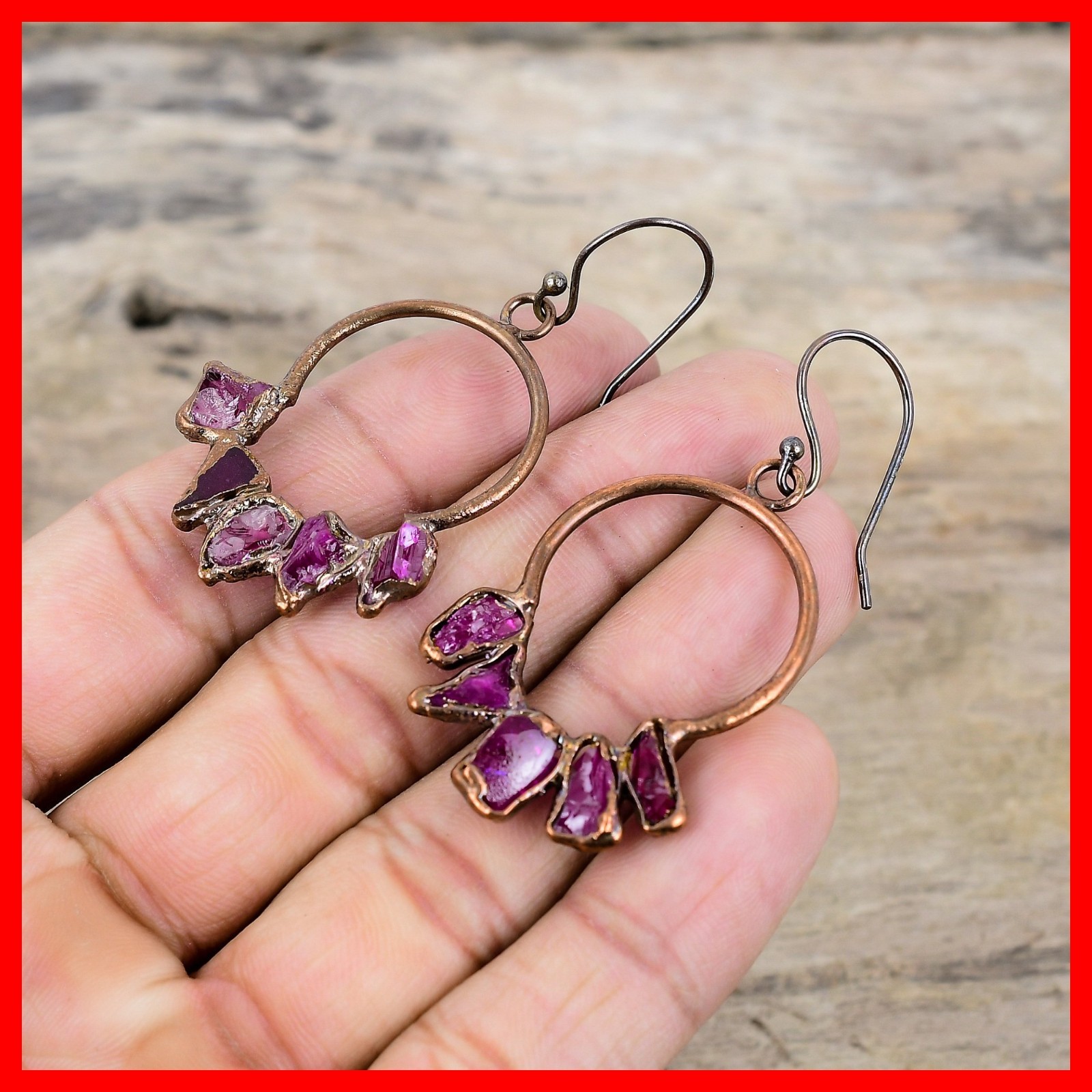 Pentagon Pink Tourmaline Rough Stone Electroformed Dangle Drop Earrings Copper