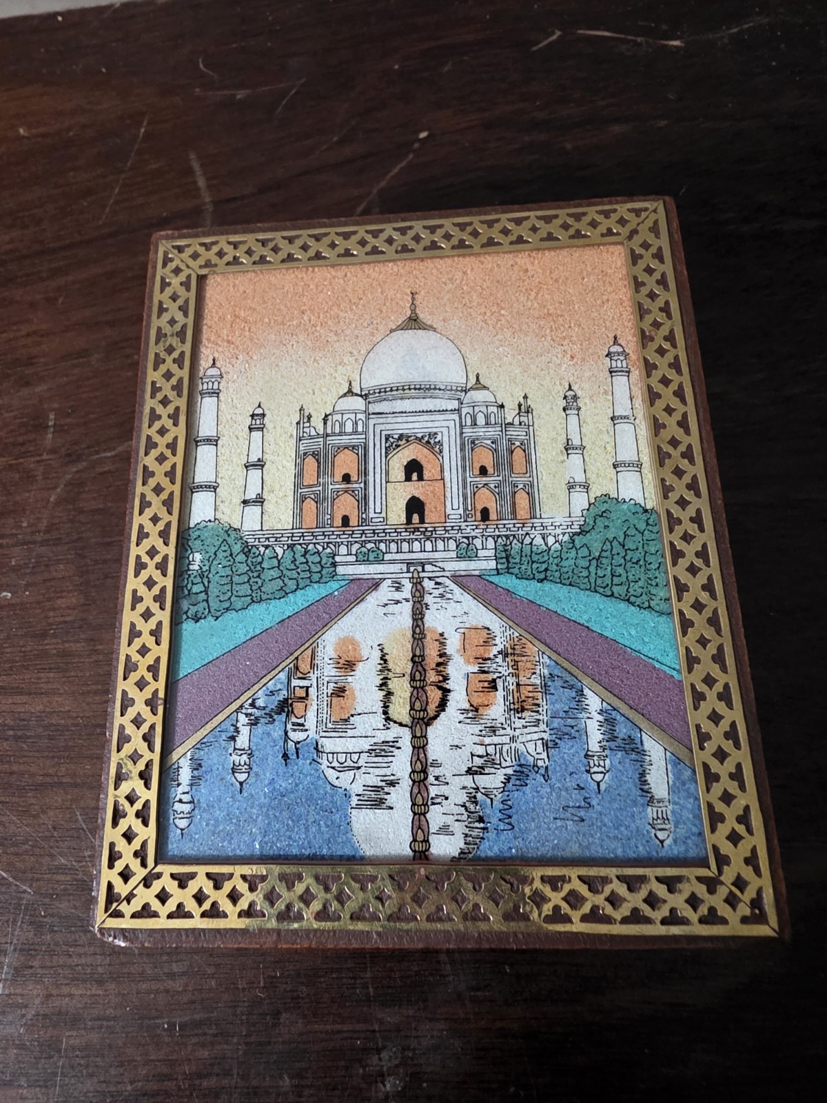 Indian Taj Mahal Glass Gemstone Painting Jewelry Box With Brass Border
