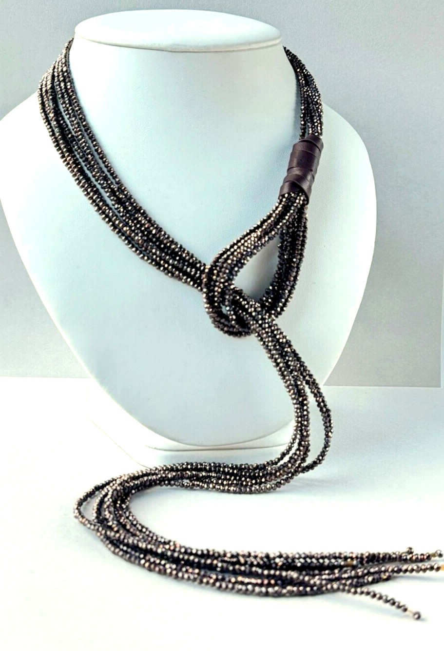 Brown Crystal Lariat Necklace: Tie Necklace, Genuine Leather, Handmade