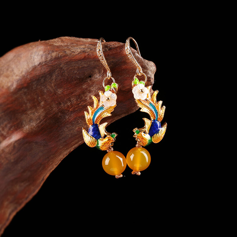 Chinese Ethnic Style Antique Earrings Yellow Agate Cloisonne Phoenix Earrings