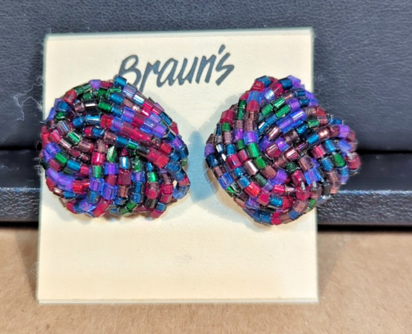 Vintage 1980-1990’s Braun’s Colorful Beaded Knot Peirced Earrings NWT