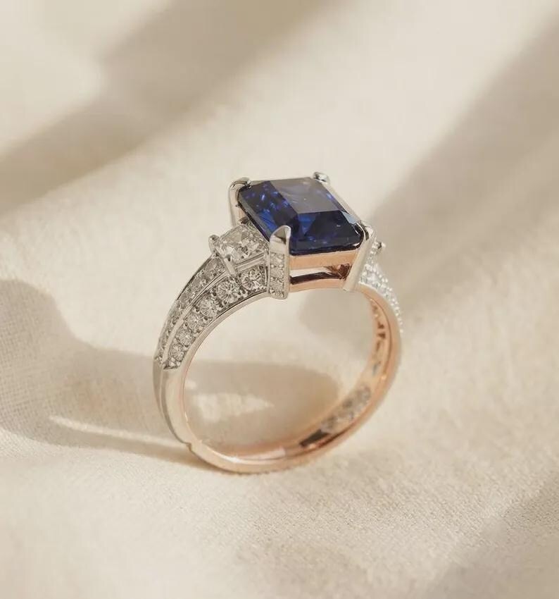 Art Deco Blue Sapphire Emerald Cz Engagement Ring Vintage Wedding Bridal Ring