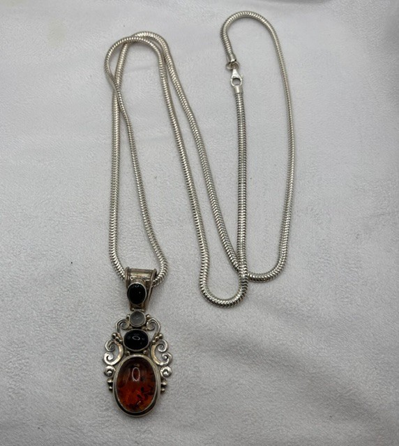 BA Suarti 925 Silver Gemstone Pendant Bali Statement 36″ Fine Silver Chain 284g