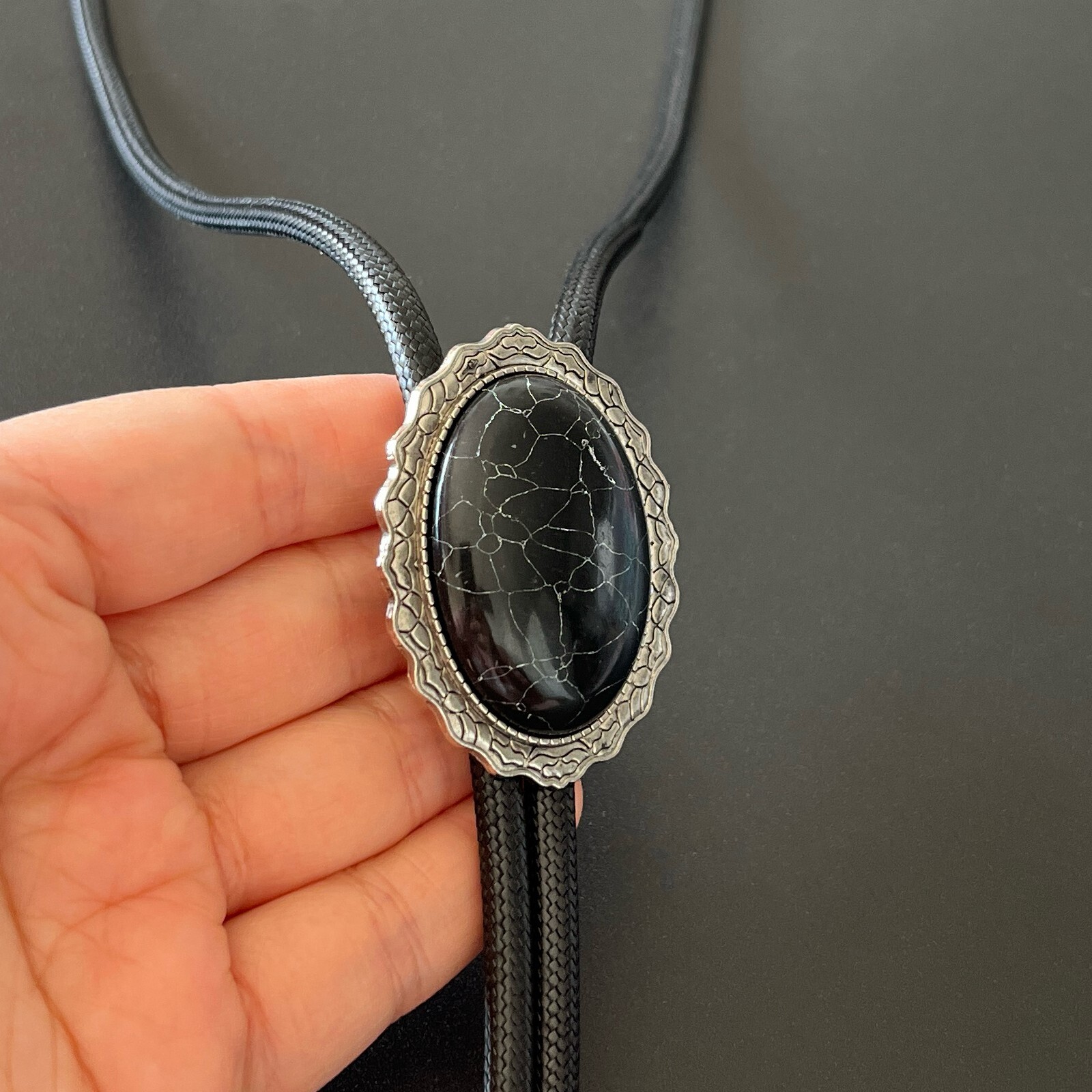Silver Lace Base Giant Black Granite Mens Bolo Tie Waxed Rope Wedding Necklace