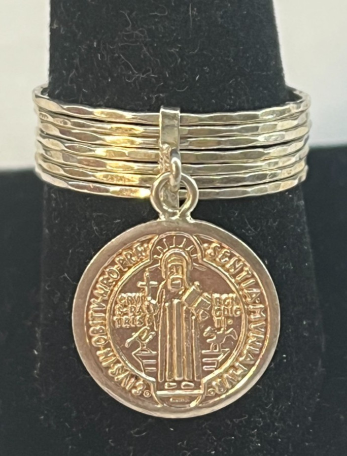 925 Sterling Silver St Benedict Medal Charm Linked Multi-Band Ring Size 10