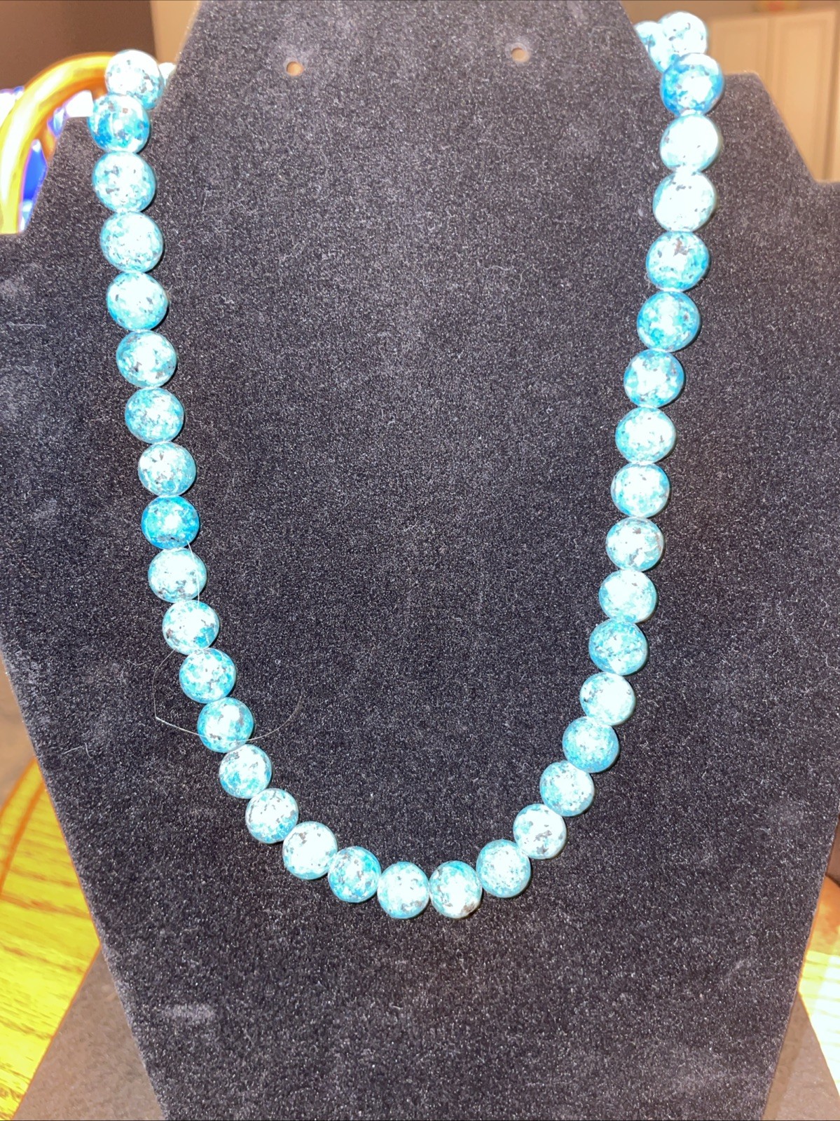 Blue Turquoise Beaded Necklace Round Stones Sky Blue & Black 18”, 925 Clasp