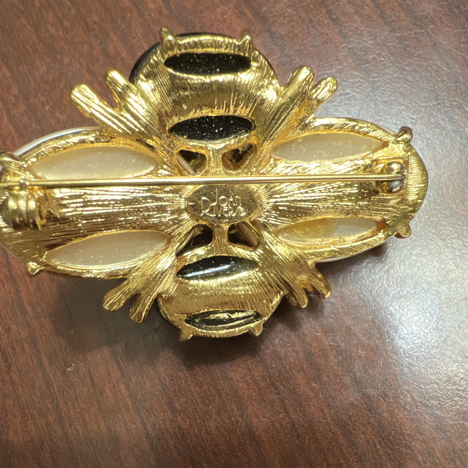 Vintage Signed Joan Rivers Faux Pearl & Black Enamel & Crystal Gold Tone Brooch