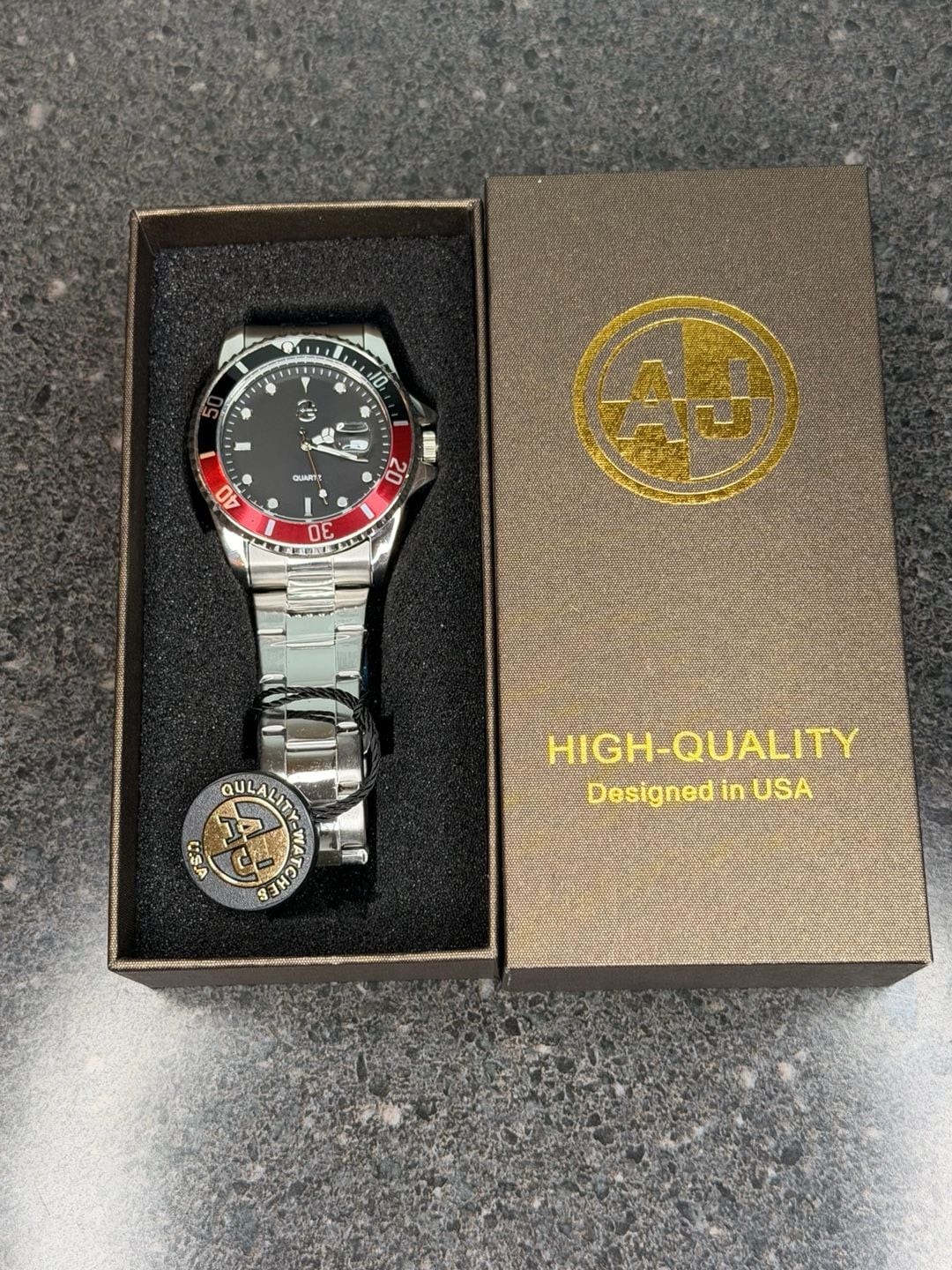 AJ Watches Quartz Diver Style Watch with Red/Black Bezel and Stainless Steel Ban
