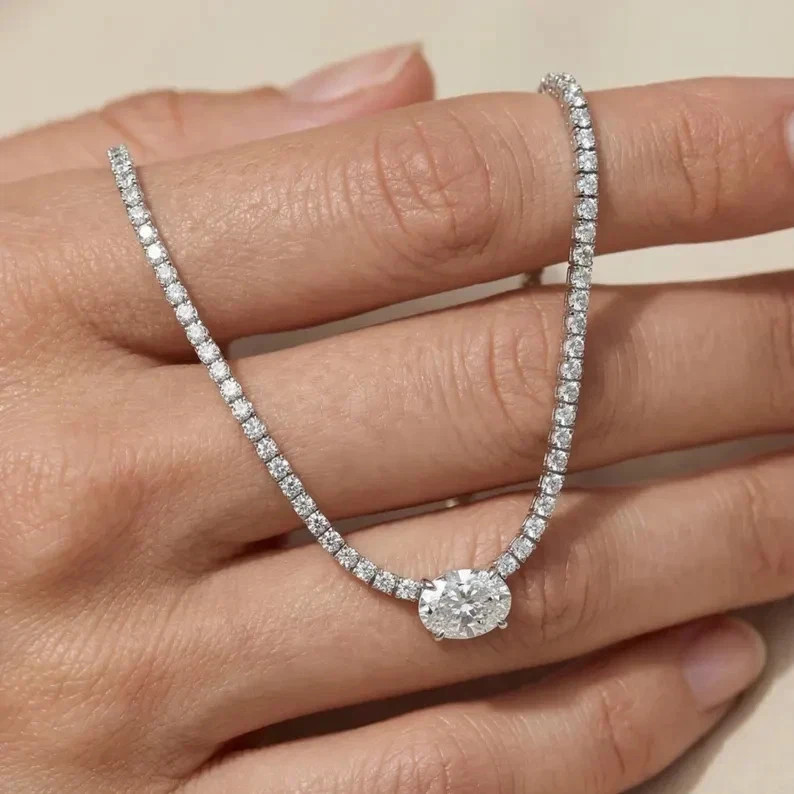 15TCW D/VVS1 Oval Cut Lab Created Diamond Tennis Necklace 14k White Gold Plated