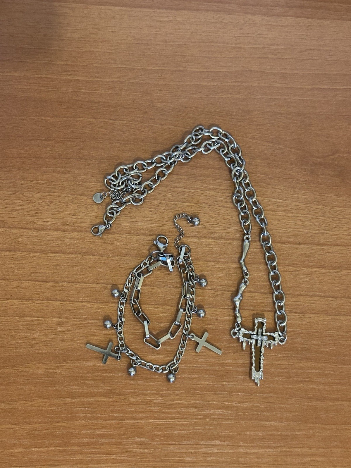 Y2K Gothic Silver Tone Cross Necklace & Double Layer Charm Bracelet Set