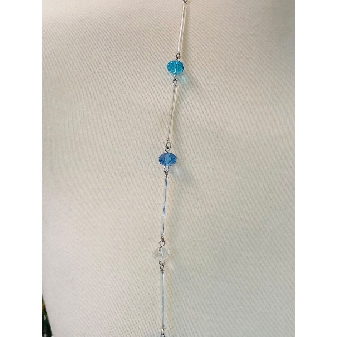 Silvertone Blue Aqua Beaded Overhead 36″ Strand String Necklace