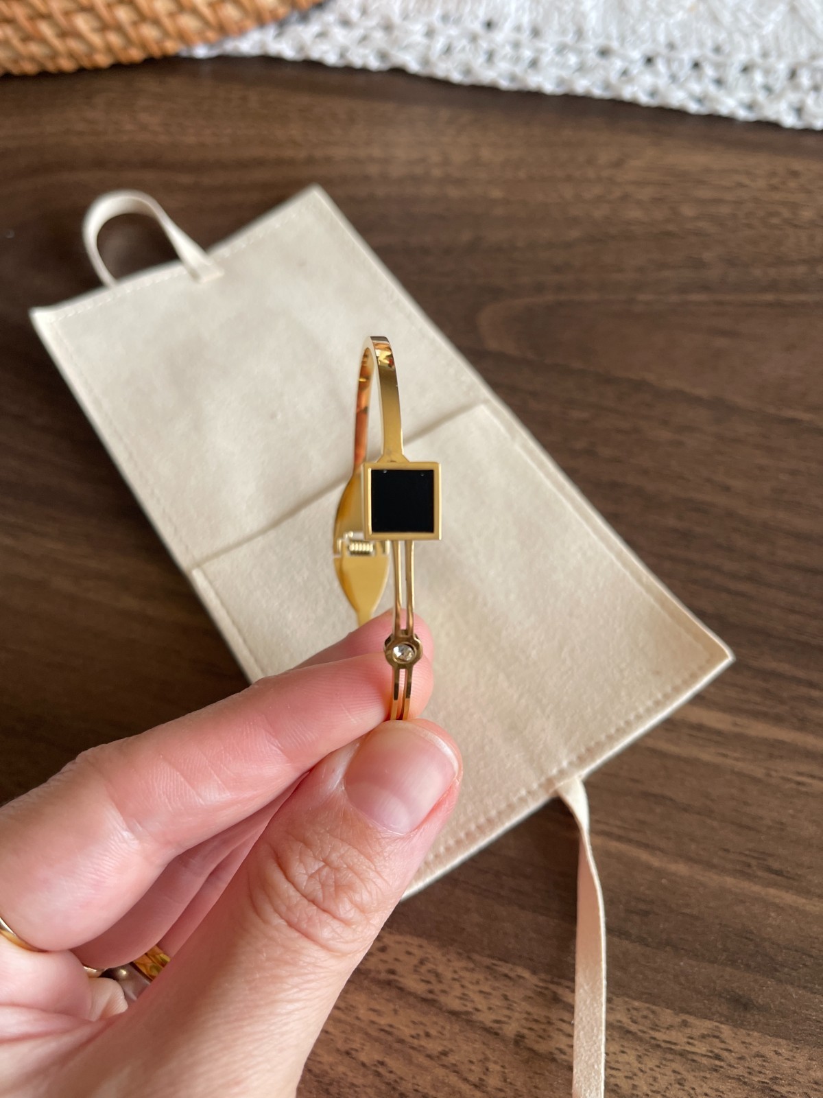 Golden Bangle bracelet with black square accent